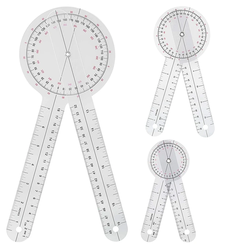 3-Piece Goniometer 6/8/12 Inch Occupational Therapy Protractor Tool Measuring Angle Ruler 360 Degree Universal