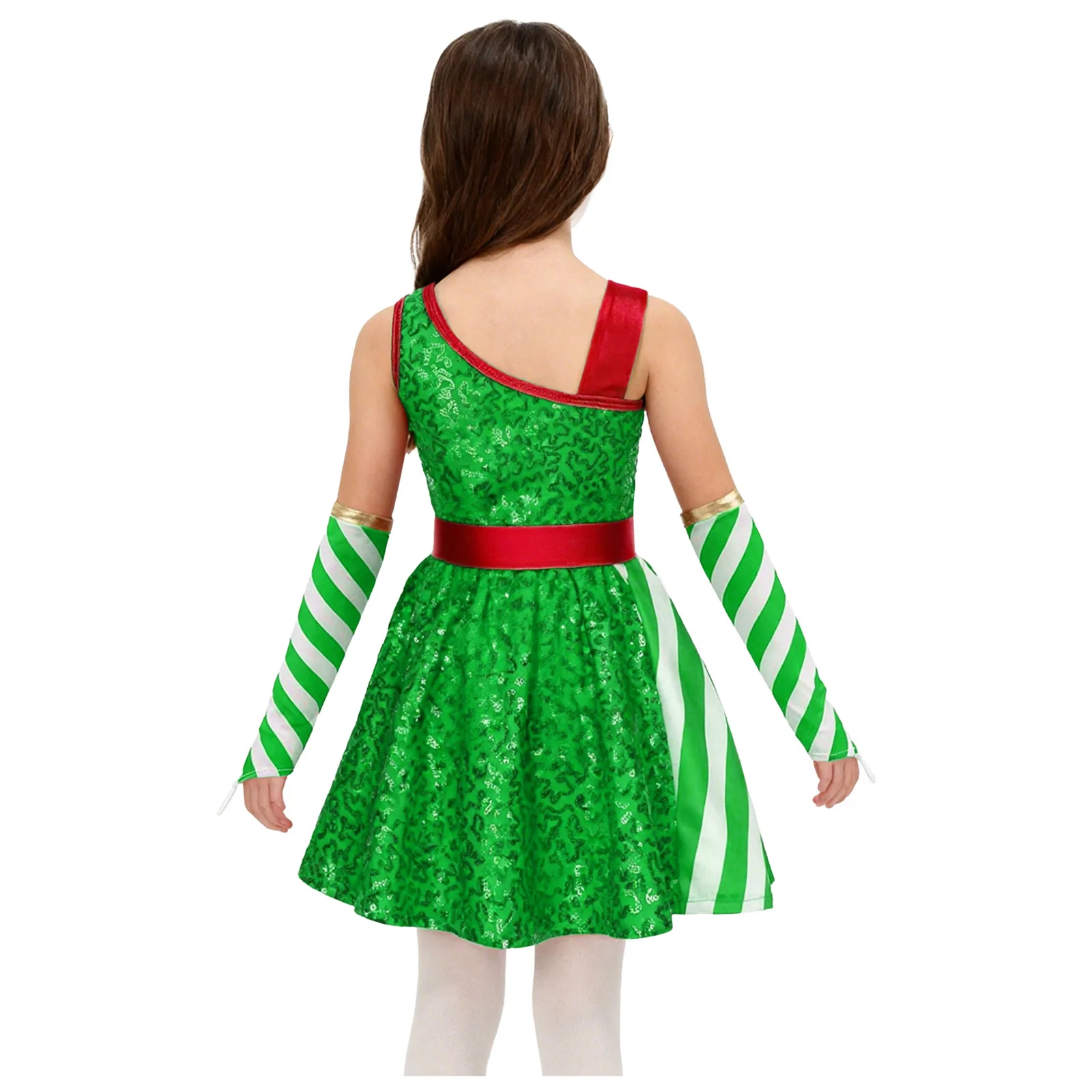 Children Girls Christmas New Year Party Dress Sleeveless Candy Cane Striped Ballet Tutu with Sleeves Xmas Santa Elf Costume