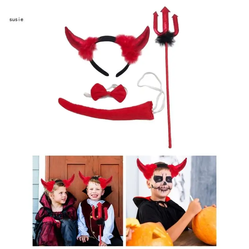 X7YA Devil Horn Headband Tail Pitchforks Demons Costume Halloween Cosplay Costumes