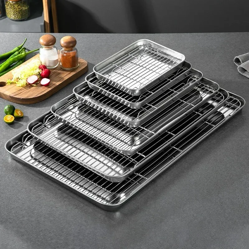 

304 Stainless Steel Food Storage Tray with Cooling Rack BBQ Grid Bakeware Nonstick Cake Pan Fruit Pastry Plates Kitchen Tools