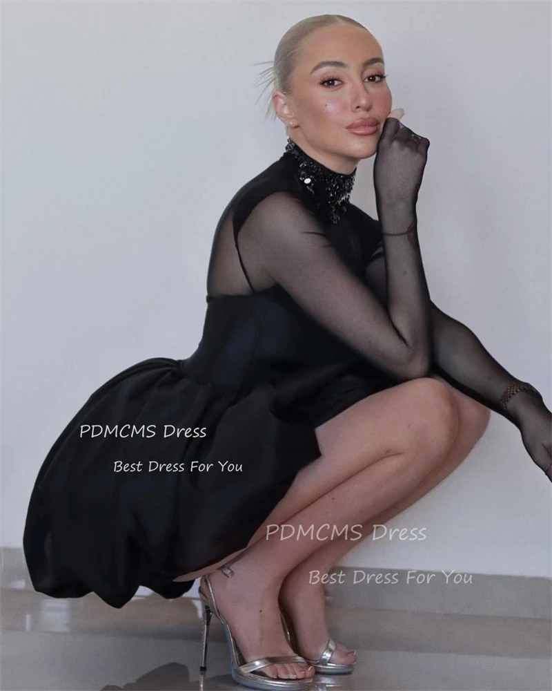 Black Short Cocktail Dress Customized A Line Prom Party Dresses Long Sleeve Mini Homecoming High Neck Night Event Celebrity Gown