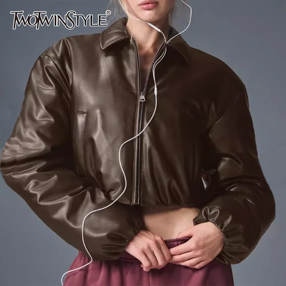

TWOTWINSTYLE American Retro Leather Coat for Women Lapel Long Sleeve Patchwork Zipper Hot Girl Style Short Jackets Female Autumn