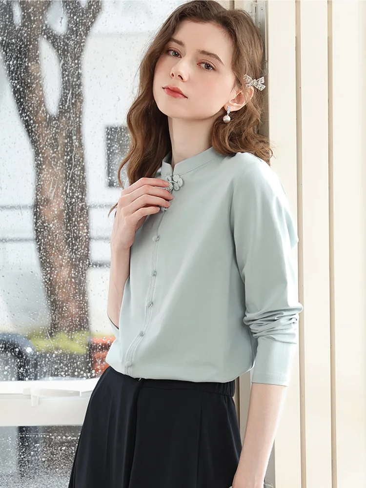 I BELIEVE YOU Chinese Long Sleeved T-shirt Top for Women Autumn 2025 Stand Collar Buckle Temperament Tees Office Lady 2253016123