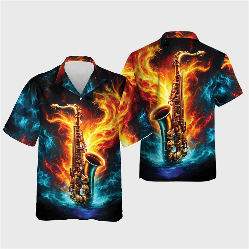 

Saxophone 3D Printed Shirts For Men Clothes Harajuku Fashion Music Instrument Graphic Beach Shirt Casual Short Sleeve Streetwear