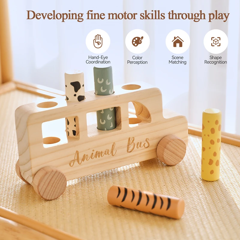 Jouets rebondissants en bois pour bébé, voiture en forme de Bus Animal, éducation du nouveau-né, Puzzle sensoriel, Coordination œil-main, jouets d'entraînement, cadeaux pour bébé
