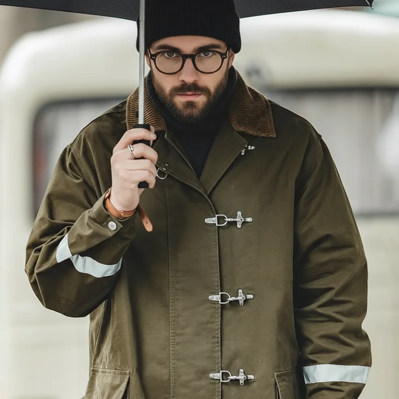 Maden Vintage Corduroy Turn-down Trench Coat for Men Autumn Dark