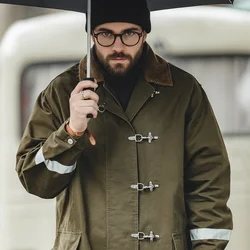 Maden Vintage Corduroy Turn-down Trench Coat for Men Autumn Dark Green Mid-length Jacket Men's Loose-fit Outerwear Streetwear