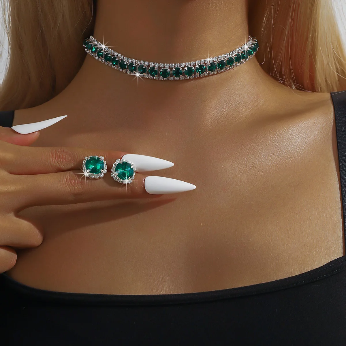 BLIJERY Elegant Green Crystal Jewelry Sets for Women Short Choker Necklace Earrings Bridal Wedding Party Birthday Jewelry Sets