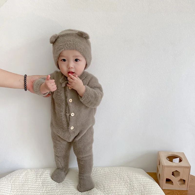 2024 Winter New Baby Long Sleeve Fleece Romper Solid Newborn Clothes Cotton Infant Boy Girl Thick Warm Jumpsuit + Cute Bear Hat