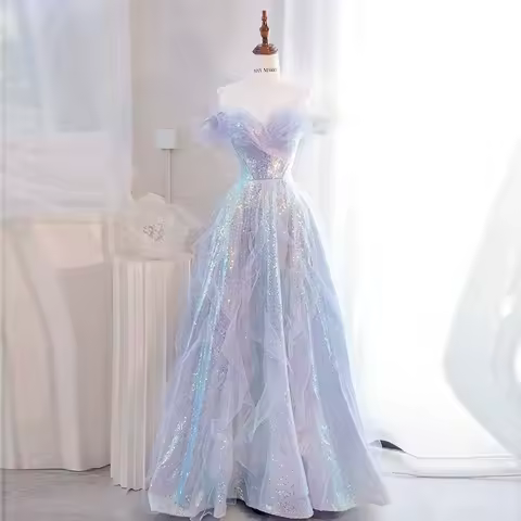 New light purple sequined lady girl off shoulder prom evening party dress performance dancer singing graduation gown