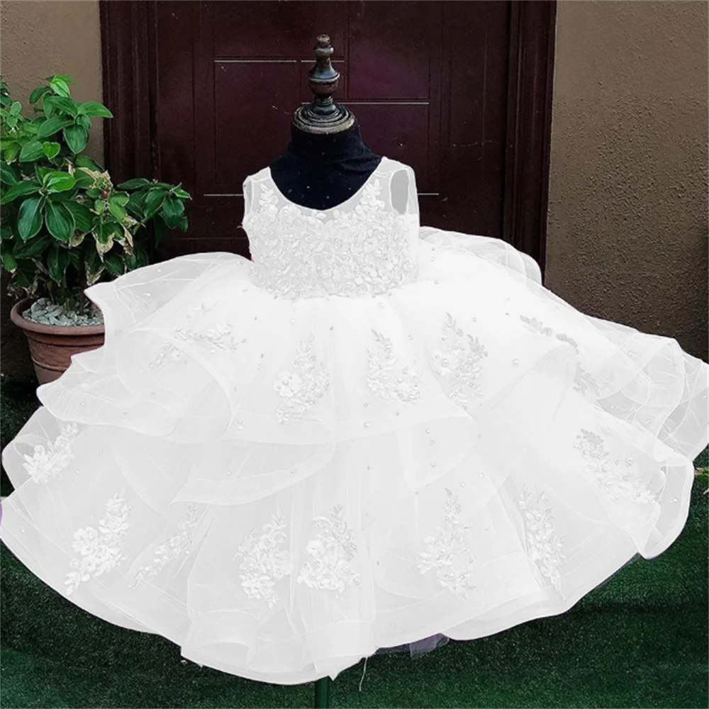 

Cute Girl Pageant White Dresses Kids Bow Knot Flower Girl Dresses Baby Ruffles Layers First Communion Dresses Ball Gown