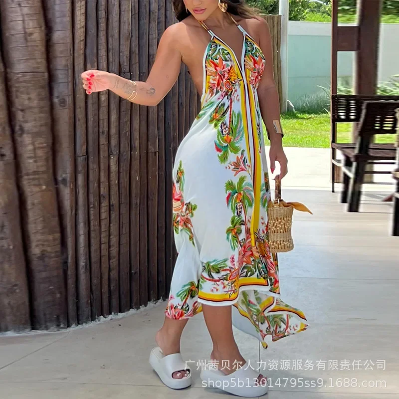 Vestido asimétrico con espalda descubierta y estampado de cocotero Tropical para mujer, vestido de moda de cintura alta sin mangas con cuello en V, Floral