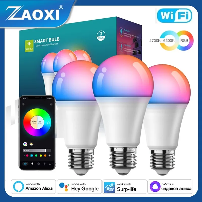 

ZAOXI 10W 3PCS Smart WiFi Bluetooth Remote Control RGB Bulb Google Home Alexa Assistant Dimmable 2700K~6500K LED Light Bulbs