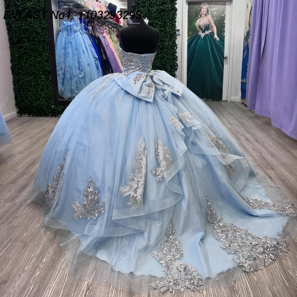 EVLAST Dostosowana luksusowa błękitna suknia balowa na quinceanera Srebrna koronkowa aplikacja z koralikami Sweet 16 Vestido De 15 Anos E1Q208