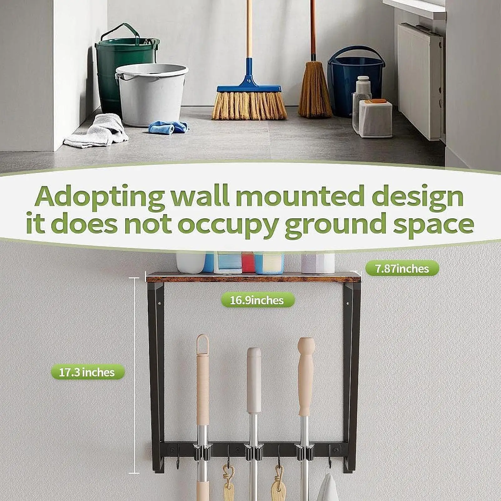 

Держатель для метлы для швабры, органайзер для хранения полки, вешалка для грабли, садового подвала, принадлежности для чистки комнат