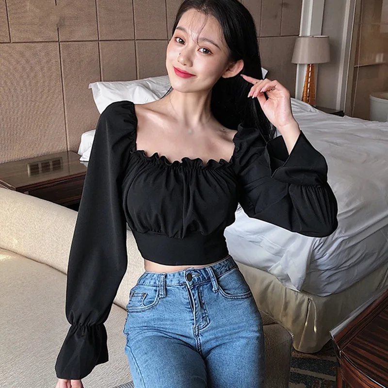 Women\'s Solid Slash Neck Sexy Bandage Navel Exposed Long Sleeve Shirt Blouses Off Shoulder