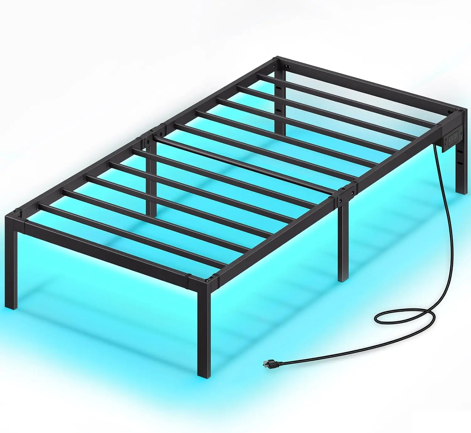 Bed Frame with USB Charging Station, Twin Bed Frame with LED Lights, Platform Bed Frame with Heavy Duty Steel Slats, 1