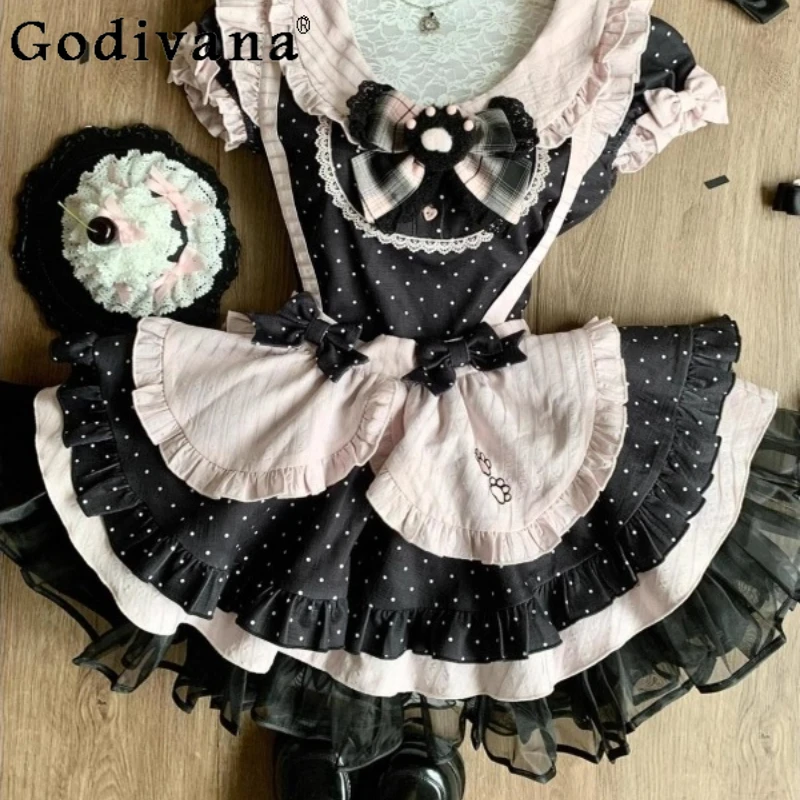 

Summer Sweet Cool Dress Set Women Bow Doll Collar Polka Dot Top Mesh Patchwork Strap Dress Two Piece Suit Girls Lolita Outfits