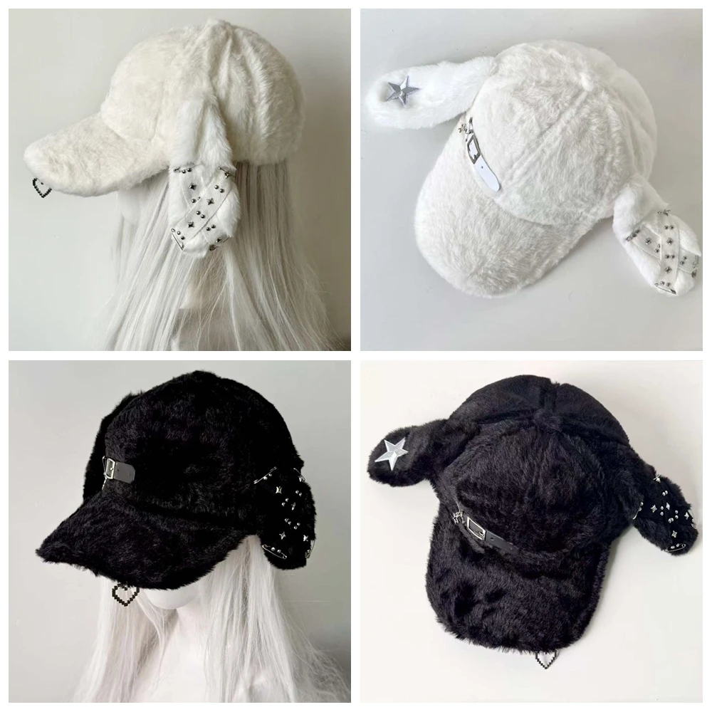 

Subculture Girl Long Rabbit Ears Cowboy Plush Baseball Hat Punk Sweet Cool Hip Hop Cap Women Party Baseball Cap Y2K Accessories