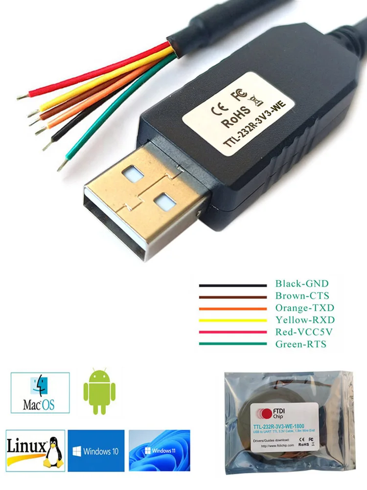 Kabel szeregowy FTDI USB do UART TTL do PLC MCU SMT32 Dev EVB Board Debug Program Config Download Cable TTL-232R-3V3-WE-1800 — zdjęcie 2