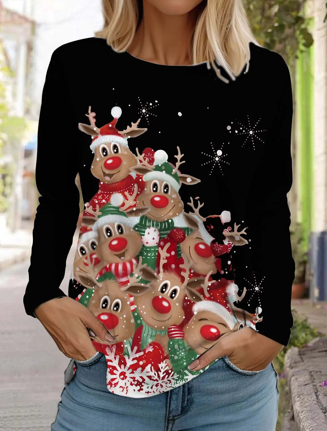 polychrome Christmas Elk Women's Long Sleeves T-Shirt Round Neck Long Sleeved Autumn Clothing Holiday Fashion Party T-Shirt 2024