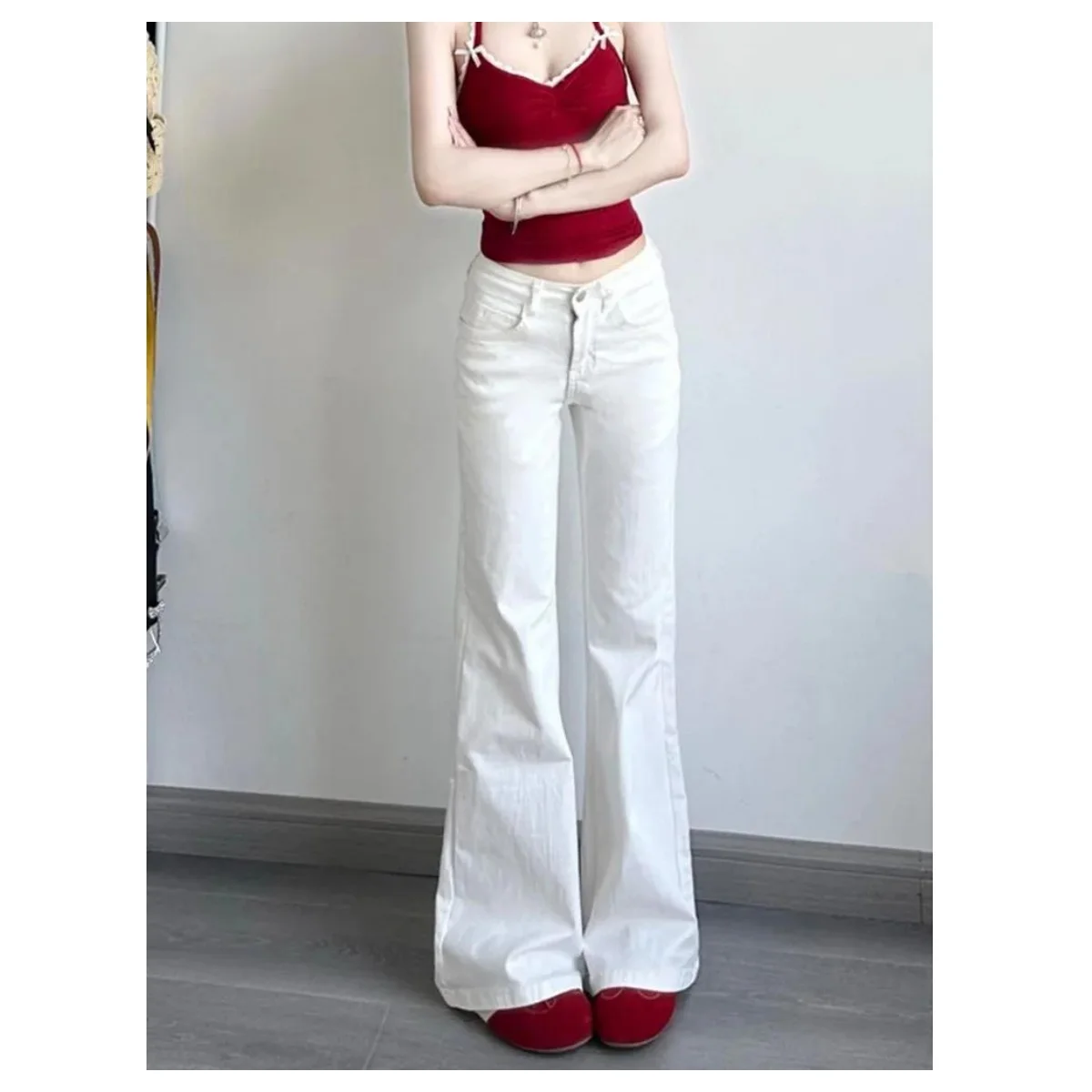 White Elasticity Women's Low Waisted Micro Flared Jeans Elegant Commute Flared Denim Trouser Sweet Fashion Y2K Long Pants New