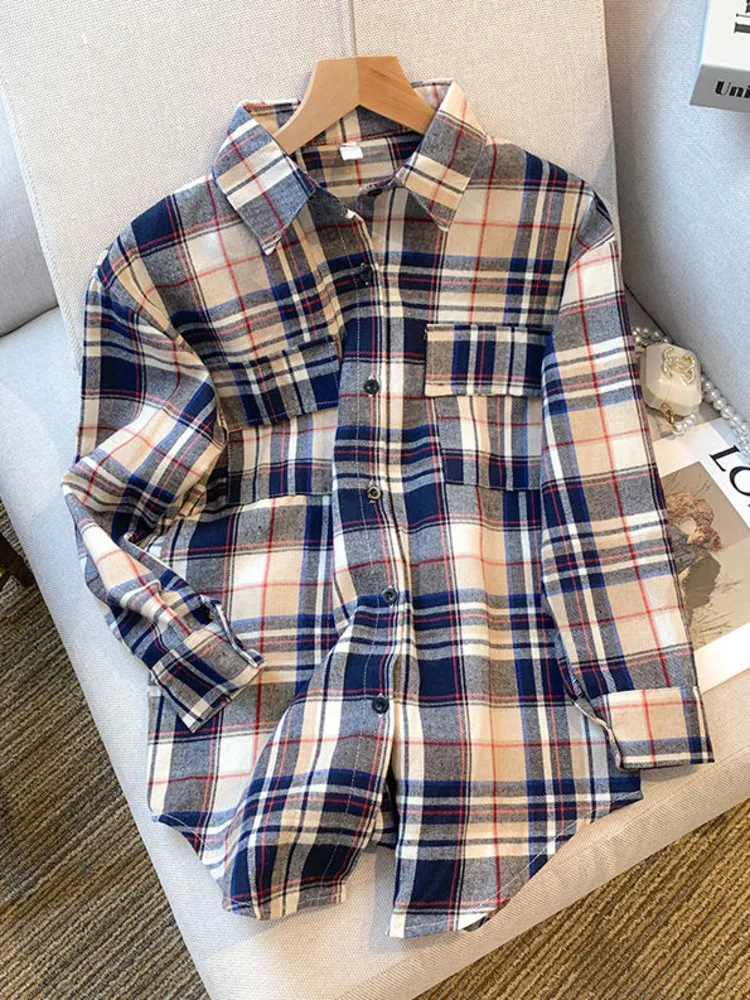 

2022 Autumn New Korean Loose Shirts Long Sleeve Blue Plaid Vintage Blouses Women Casual Street Pockets Turn-down Collar Tops