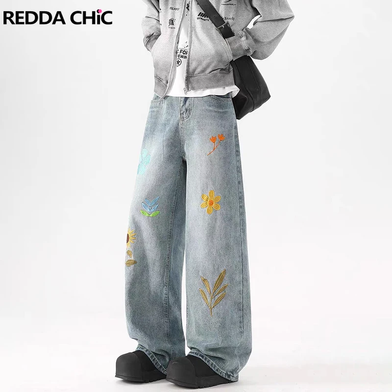 

REDDACHIC Floral Embroidered Wash Do Old Men Baggy Jeans Whiskers Low Rise Wide Leg Denim Straight Trousers Casual Retro Clothes