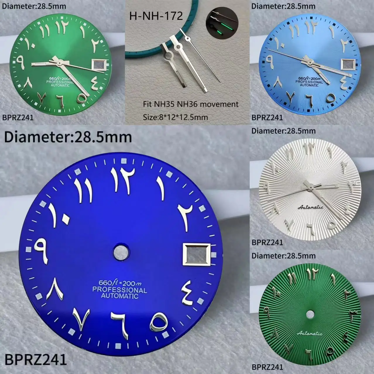 28.5mm no luminous S logo Arabic numerals dial Suitable nh dial 35 Movement accessories Watch repair tool blue green blue dial