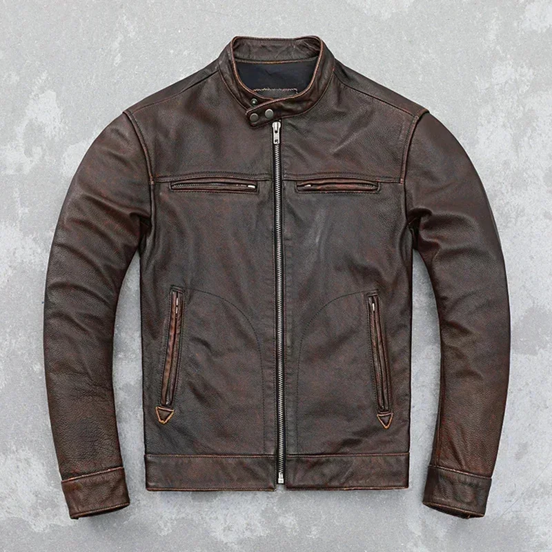 Retro Distressed Cowhide Leather Jacket Men's Real Motorcycle Youth Slim Fit Unlined Coat Fashion