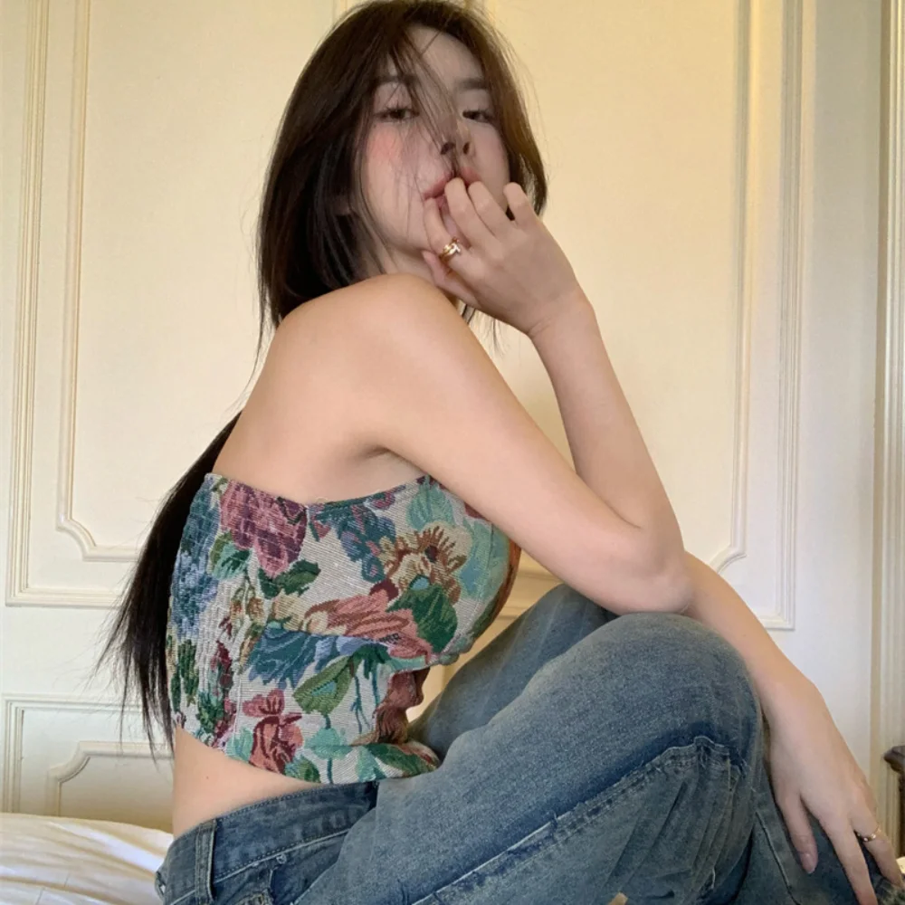 Summer Retro Striped Camisole Sleeveless Spice Girls Tube Top Oil Painting Fragmented Flowers Backless Vest Women