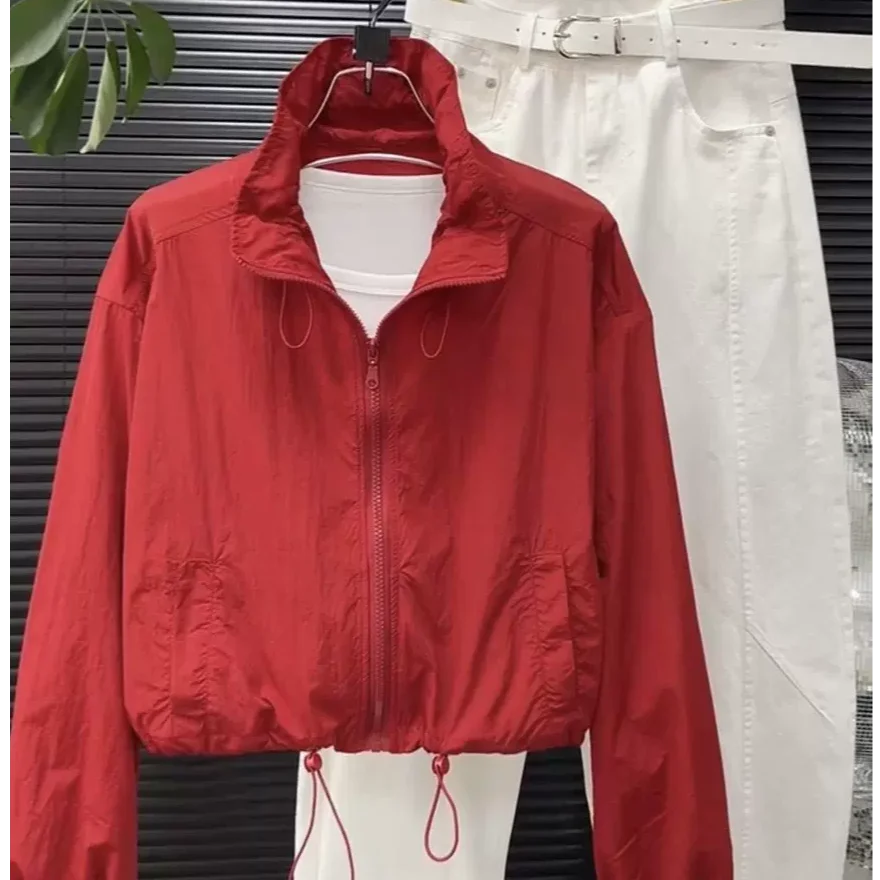 

Stylish Loose Fit Light Blue Stand Collar Women's Sun Protection Clothing Outdoor Travel Photography Short Jacket