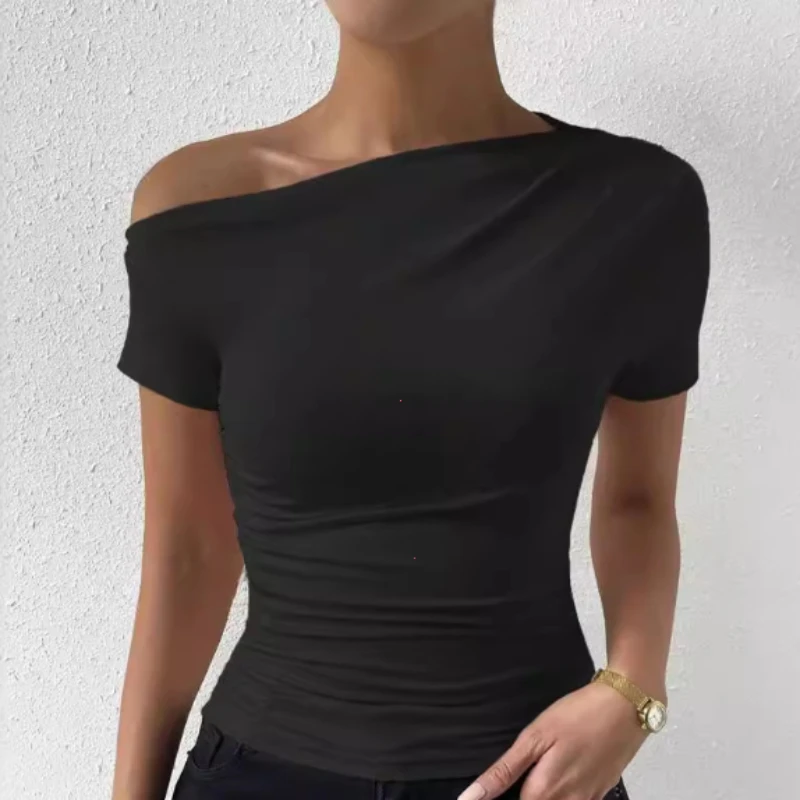 Solid One Shoulder T-shirt, Elegant Short Sleeve Ruched Top for Spring & Summer, Women's Clothing