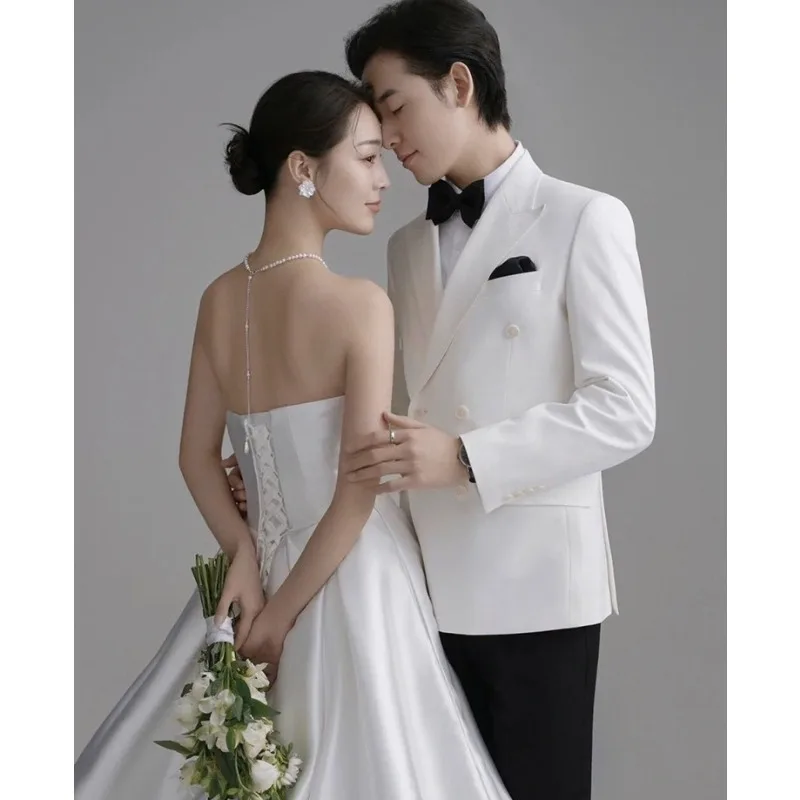 2025년 신부를 위한 한국 고급 화이트 새틴 트레일링 웨딩드레스, 여성 우아하고 섹시한 스트랩리스 롱 프롬 파티 드레스