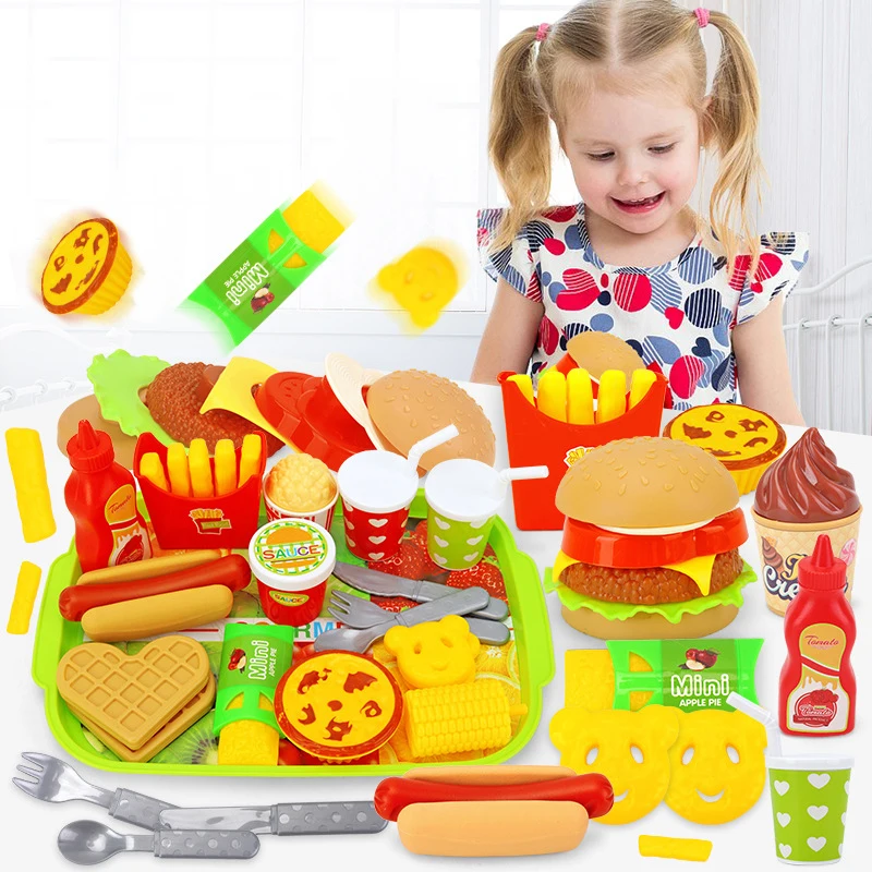 Kids Simulation Food Kitchen Toy Pretend Play Cooking Toys Cookware Pot Hamburger Hot dog Fries Pizza Interactive Toys For Child