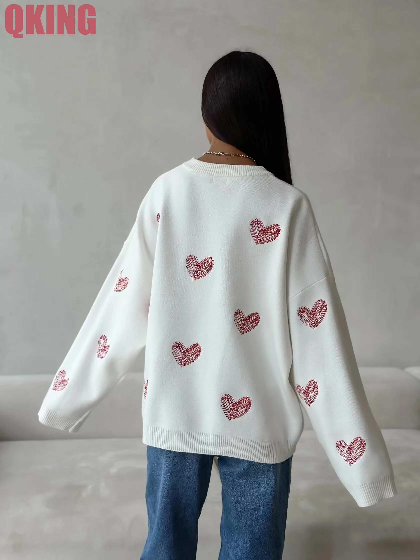 Love Pattern Embroidery Cute Sweater Women Winter Loose Long Sleeves Knit Leisure Jersey Autumn Pullover