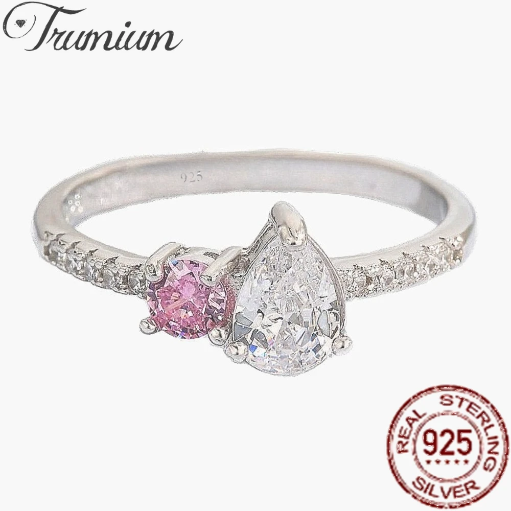 

Trumium Solid 925 Sterling Silver Romantic Dazzling Pink Round Waterdrop Pear Stackable Rings For Women Fine Jewelry Gifts