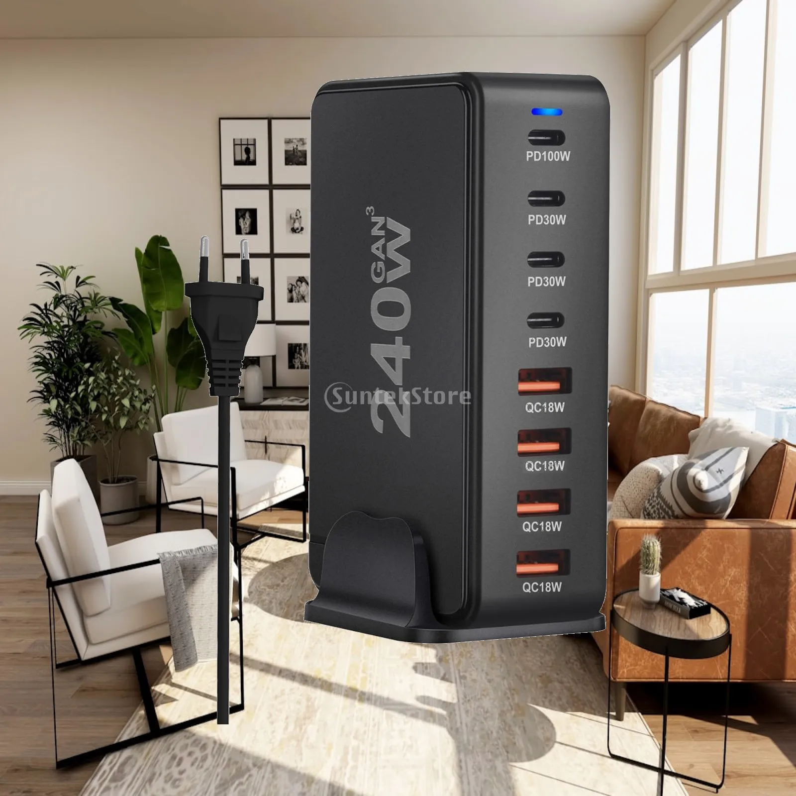 Desktop Power Adapter 240W Gan USB C Charger 8 Port Fast Charging Station Hub for Laptop Phone Tablet Multiple Device
