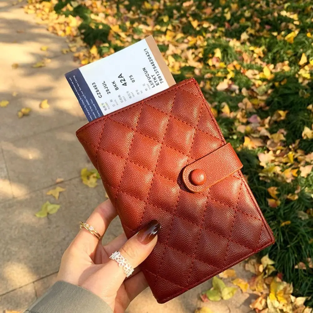 Rhombus Plaid Leather Passport Holder Korean Style Solid Color Certificate Storage Bag Card Case Multifunctional Passport Clip