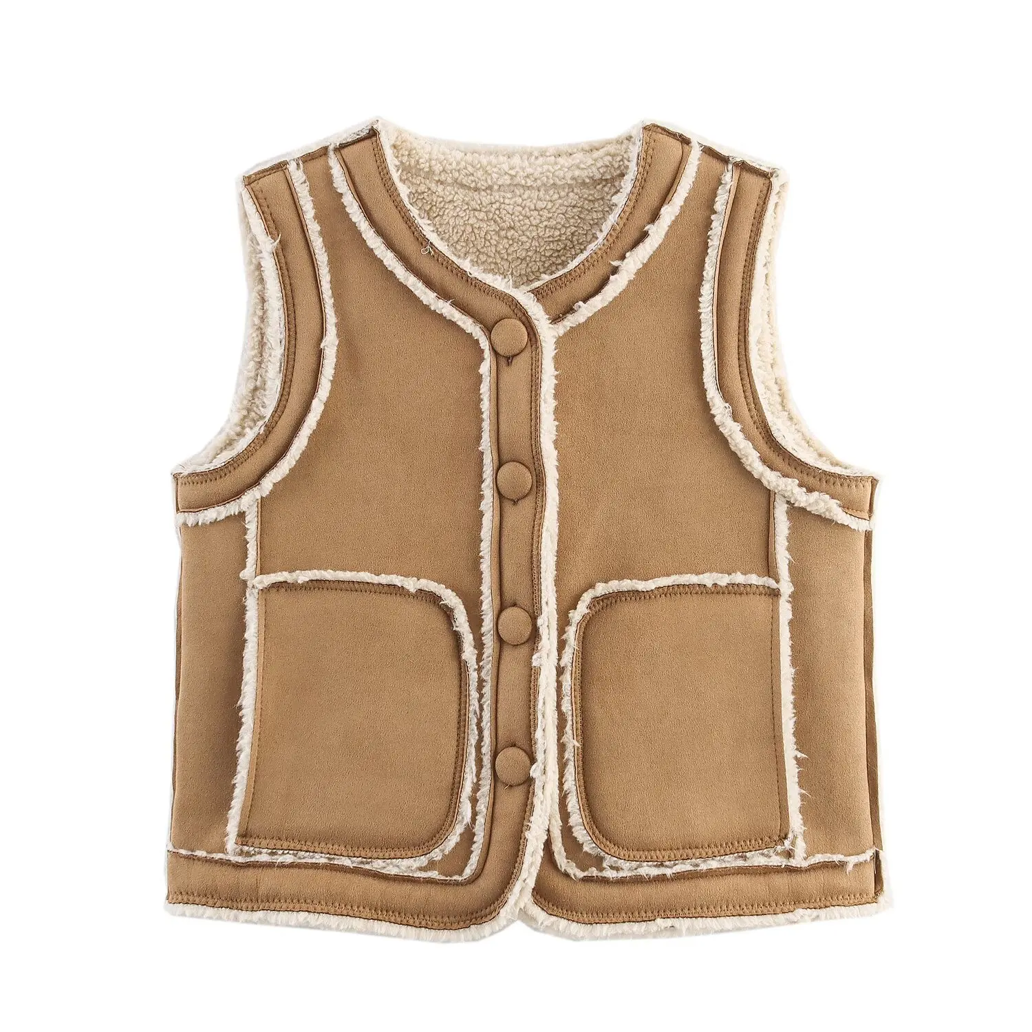 Retro Splicing Vest O-hals Single Breasted Pluche Dik Vest Mode Veelzijdig Casual Vest 2025, Herfst/Winter Nieuwe Dames Top
