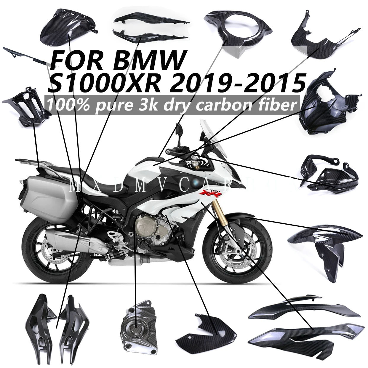 

Комплект обтекателей из сухого карбона 3K для мотоцикла BMW S1000XR 2019, 2017, 2015: накладки на раму, фиксированные крылья, боковые панели топливного бака