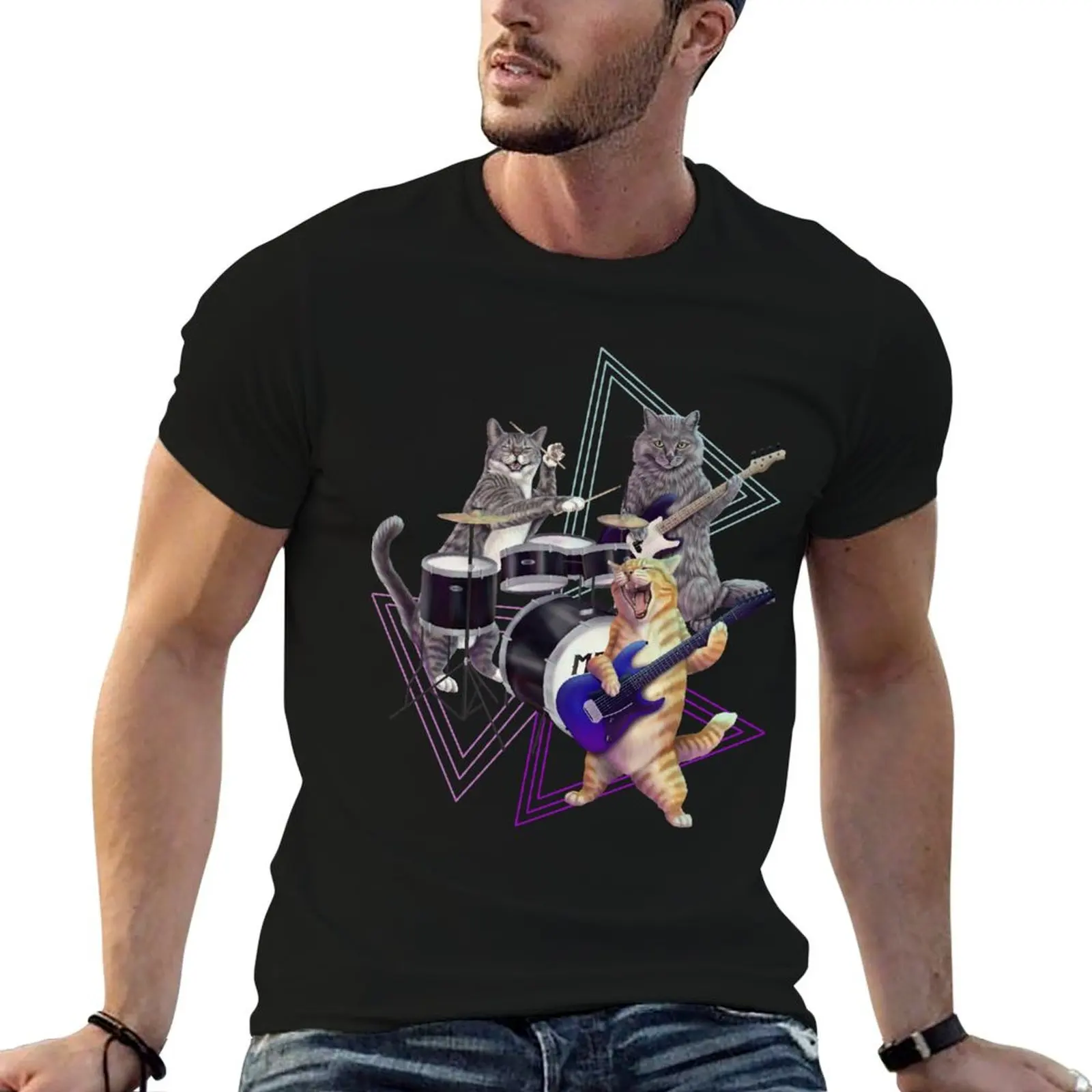 Cat band- Rock band kitties playing the bass, electric guitar, and drums T-Shirt Street Style Casual Tee Shirt