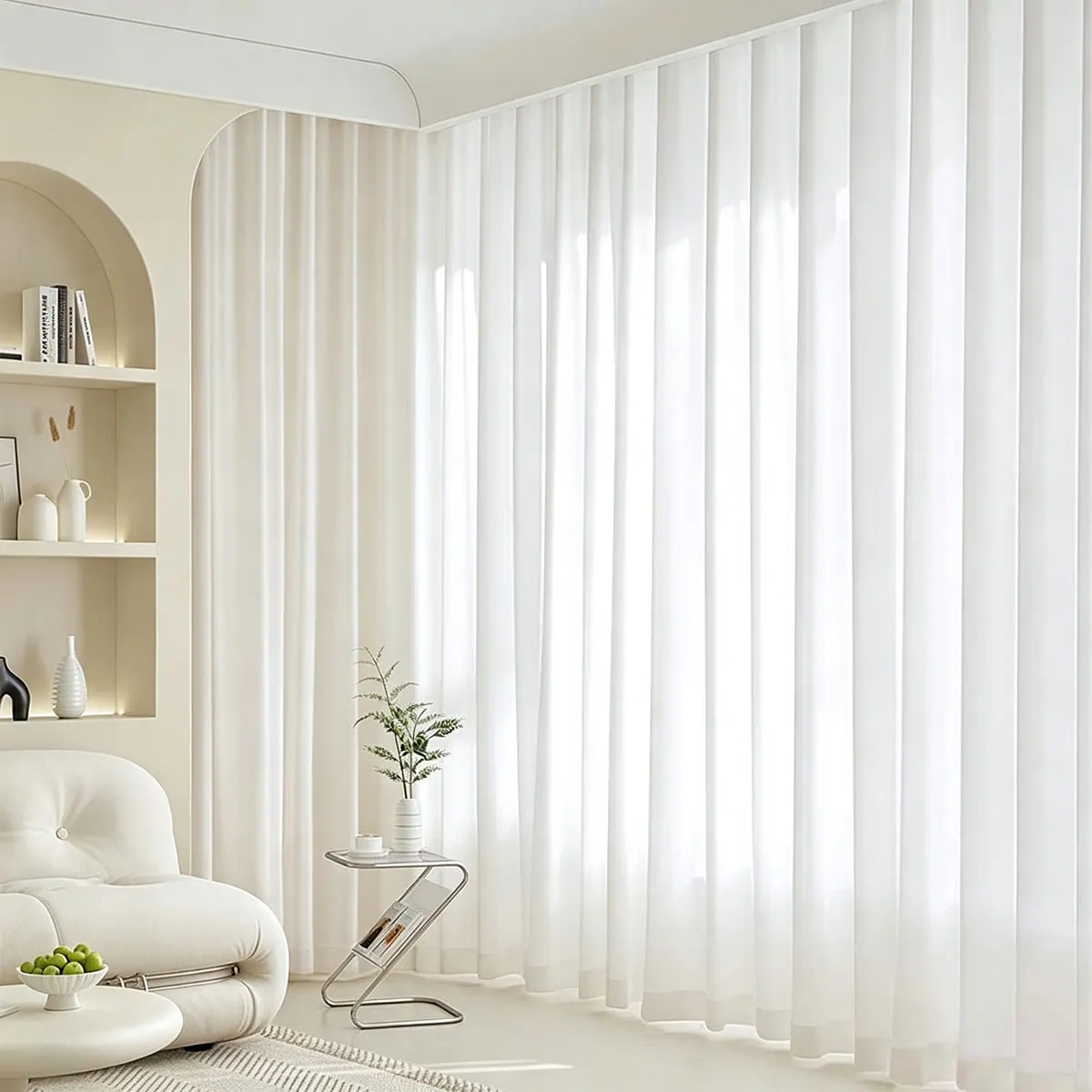 Solid White Textured Sheer Curtains 2 Panels, Four Prong Hook, Vertical Voile, Light Filtering Drape for Bedroom Living Room