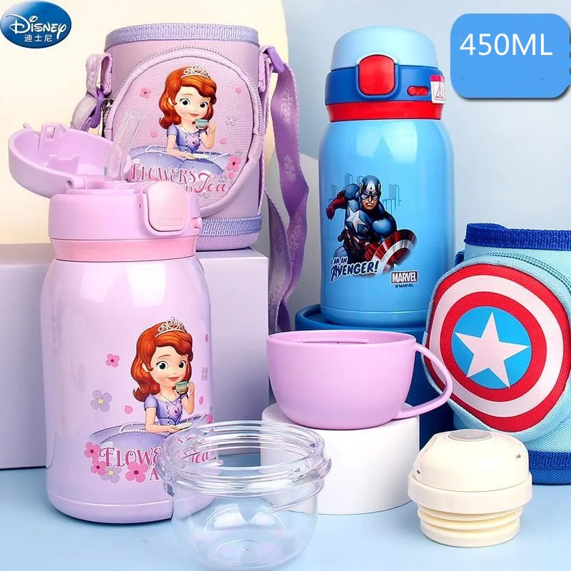 450Ml Mickey Minnie Kids Thermos Mug Captain America Stainless Steel Vacuum Flasks for baby Children water cups with bag