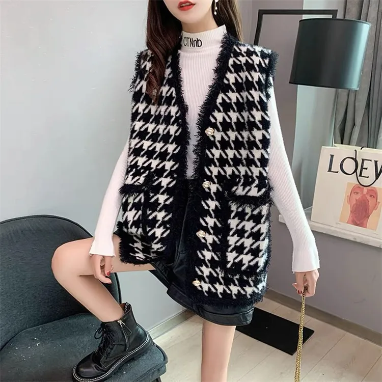 

Women's Faux Mink Fringed Cardigan Loose Fit Sweater Vest Houndstooth Knit Outer Wear for Autumn Winter New Style