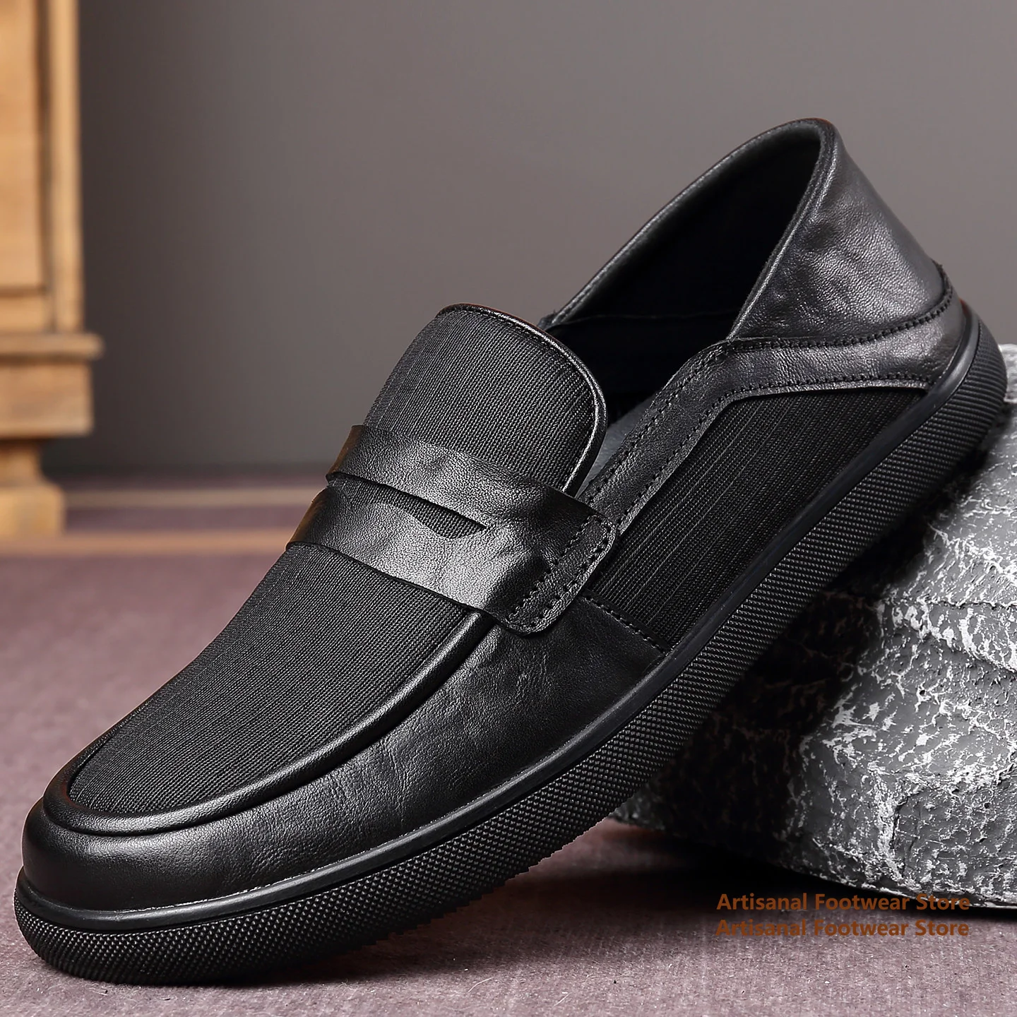 Men's Black Leather Loafers Mixed Textured Fabric Round Toe Slip-On Design Flat Non-Slip Sole Business Casual Dress Shoes