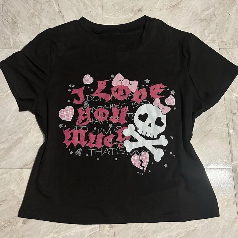 Women Gothic 2000s Top Trashy Aesthetic Short Sleeve Tees Emo Girl Streetwear Clothes Y2k Style Crop Tops Summer Grunge T shirts