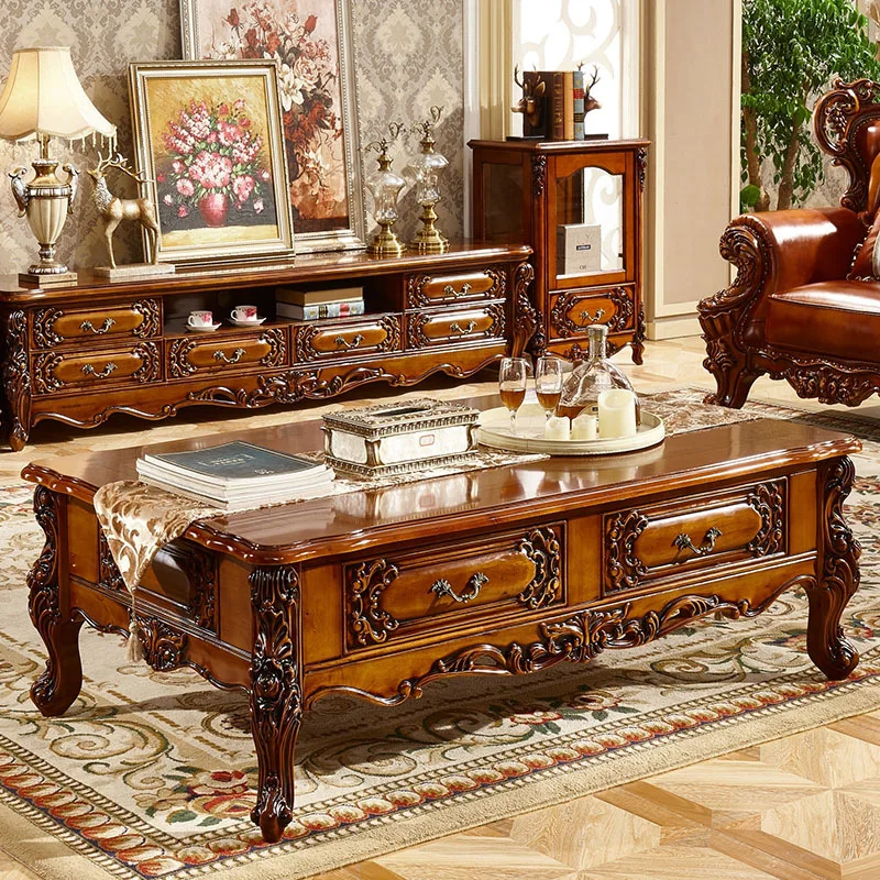 

Antique Living Room Coffee Table Solid Wood Carved Tea Table Marble Top Sofa Center Table for Home Project Furniture
