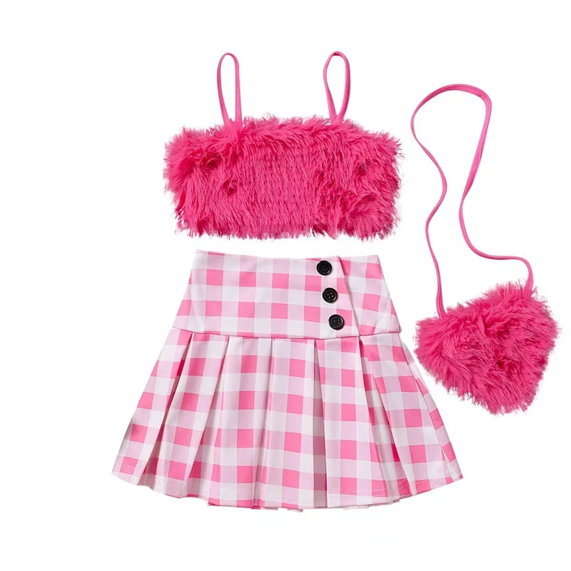 Kids Girl Summer Outfit Casual Plush Sleeveless Camisole Elastic Plaid Pleated Skirt with Crossbody Bag Set for Toddler