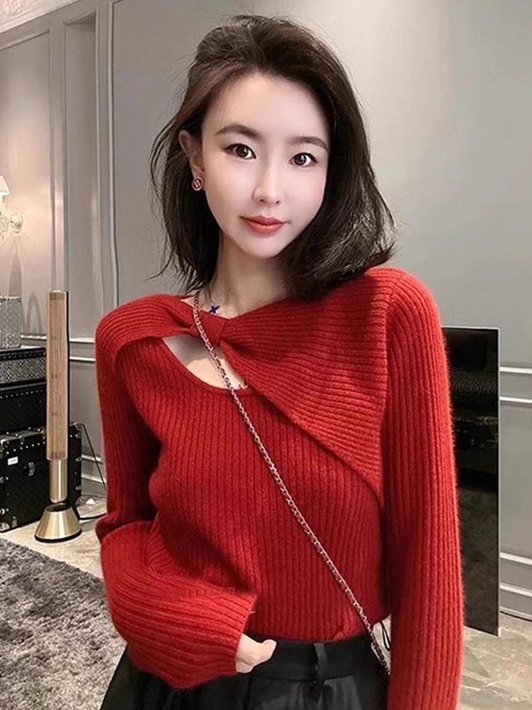 

Красный удобный женский трикотаж Camere Long Sve, повседневный утягивающий свитер, дизайн Sense, корейский свитер Sle для поездок на работу